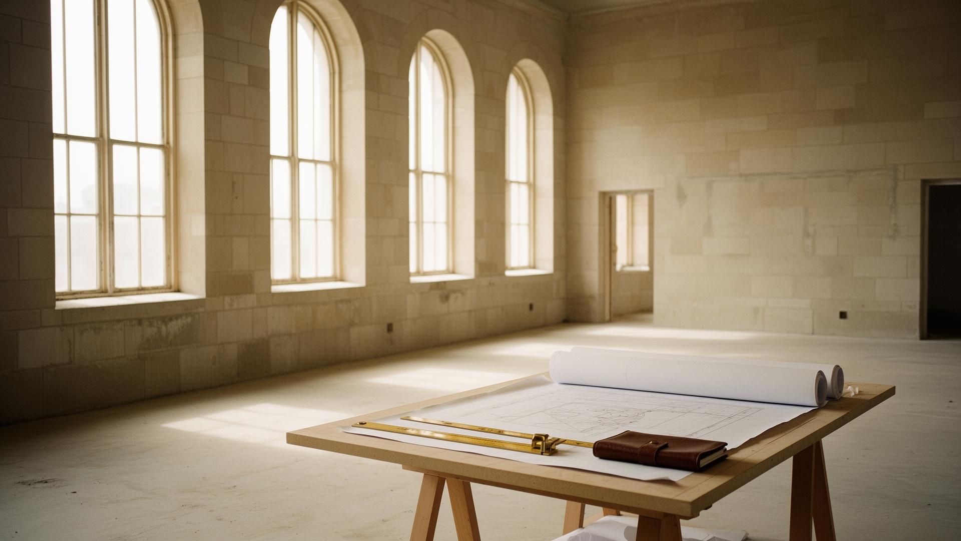 Sunlit interior of a heritage building under restoration